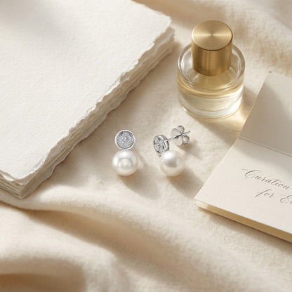 Pearl and Diamond Button Post Drop Earrings in 14k White Gold (8mm) — textile flat lay