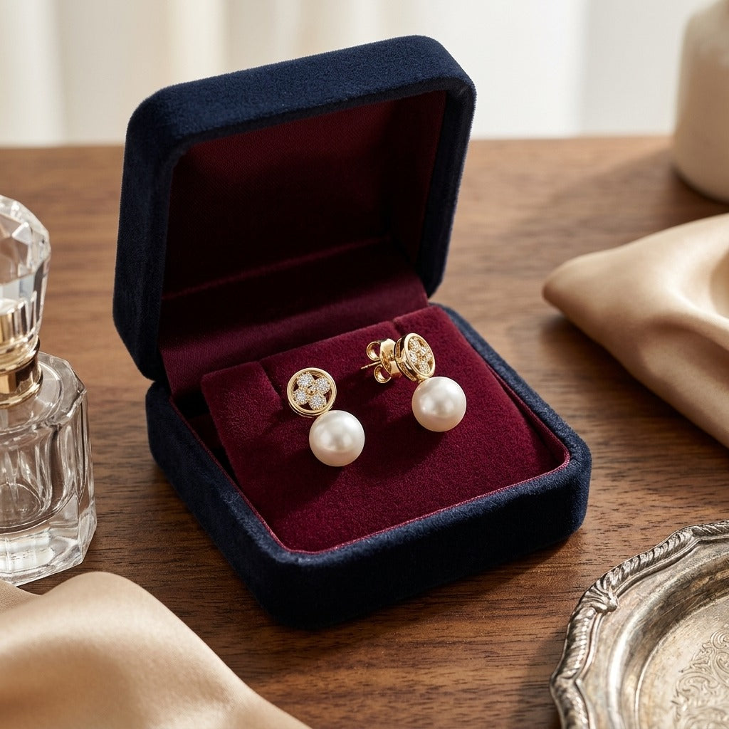 Pearl and Diamond Button Post Drop Earrings in 14k White Gold (8mm) — velvet box
