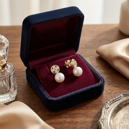Pearl and Diamond Button Post Drop Earrings in 14k White Gold (8mm) — velvet box