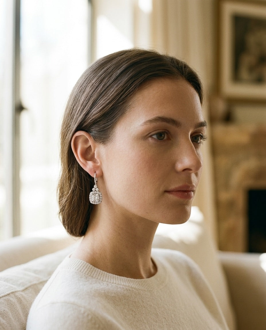 Tanzanite and Diamond Cushion Halo Earrings in 14k White Gold 1/3ctw — portrait close