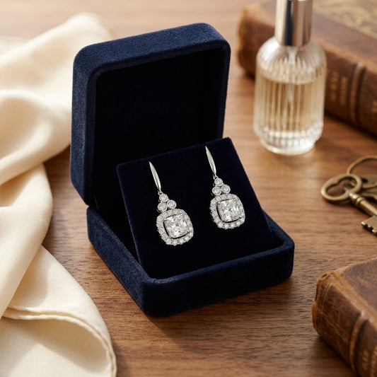 Tanzanite and Diamond Cushion Halo Earrings in 14k White Gold 1/3ctw — velvet box