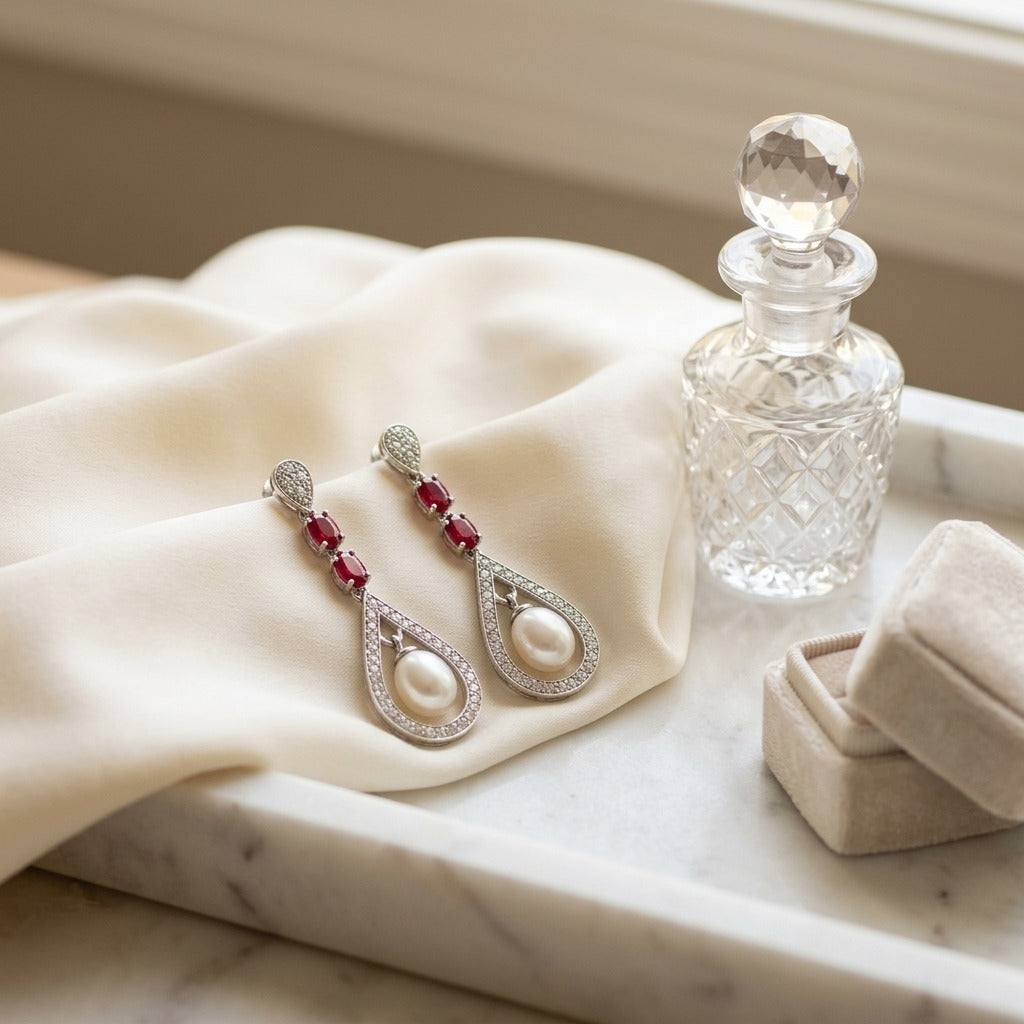 Freshwater Pearl Created Ruby and Diamond Drop Earrings in 14k White Gold 1/3ctw — marble silk