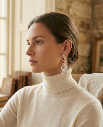 Freshwater Pearl Created Ruby and Diamond Drop Earrings in 14k White Gold 1/3ctw — portrait close