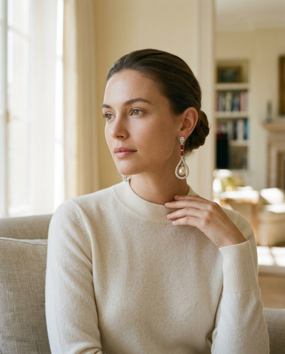 Freshwater Pearl Created Ruby and Diamond Drop Earrings in 14k White Gold 1/3ctw — portrait full