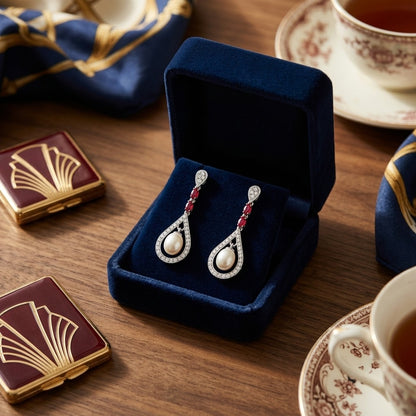 Freshwater Pearl Created Ruby and Diamond Drop Earrings in 14k White Gold 1/3ctw — velvet box