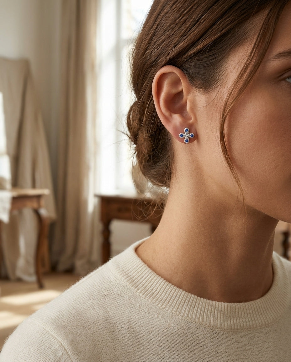 Sapphire and Diamond Clover Floral Stud Earrings in 14k White Gold 1/12ctw — editorial close-up