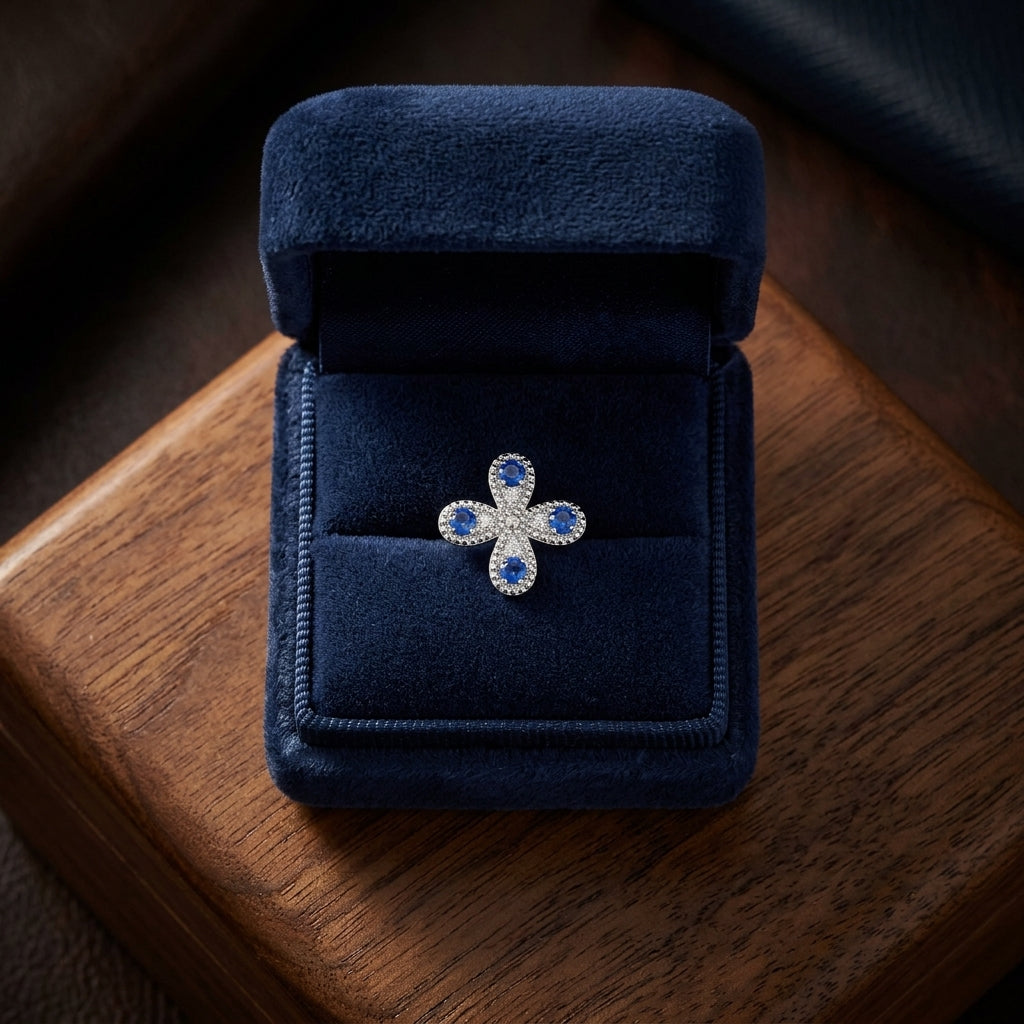Sapphire and Diamond Clover Floral Stud Earrings in 14k White Gold 1/12ctw — gift presentation