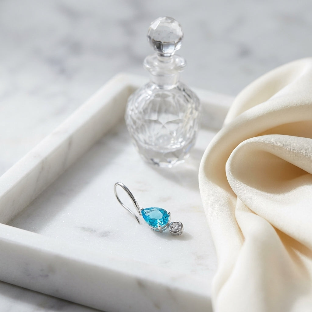 Pear Shaped Blue Topaz 7x5mm & Diamond 1/10ctw Leverback Drop Earrings Set in 14K White Gold - lifestyle