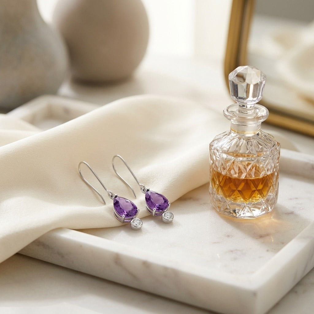 Amethyst and Bezel Diamond Teardrop Leverback Earrings in 14k White Gold 1/8ctw — marble silk