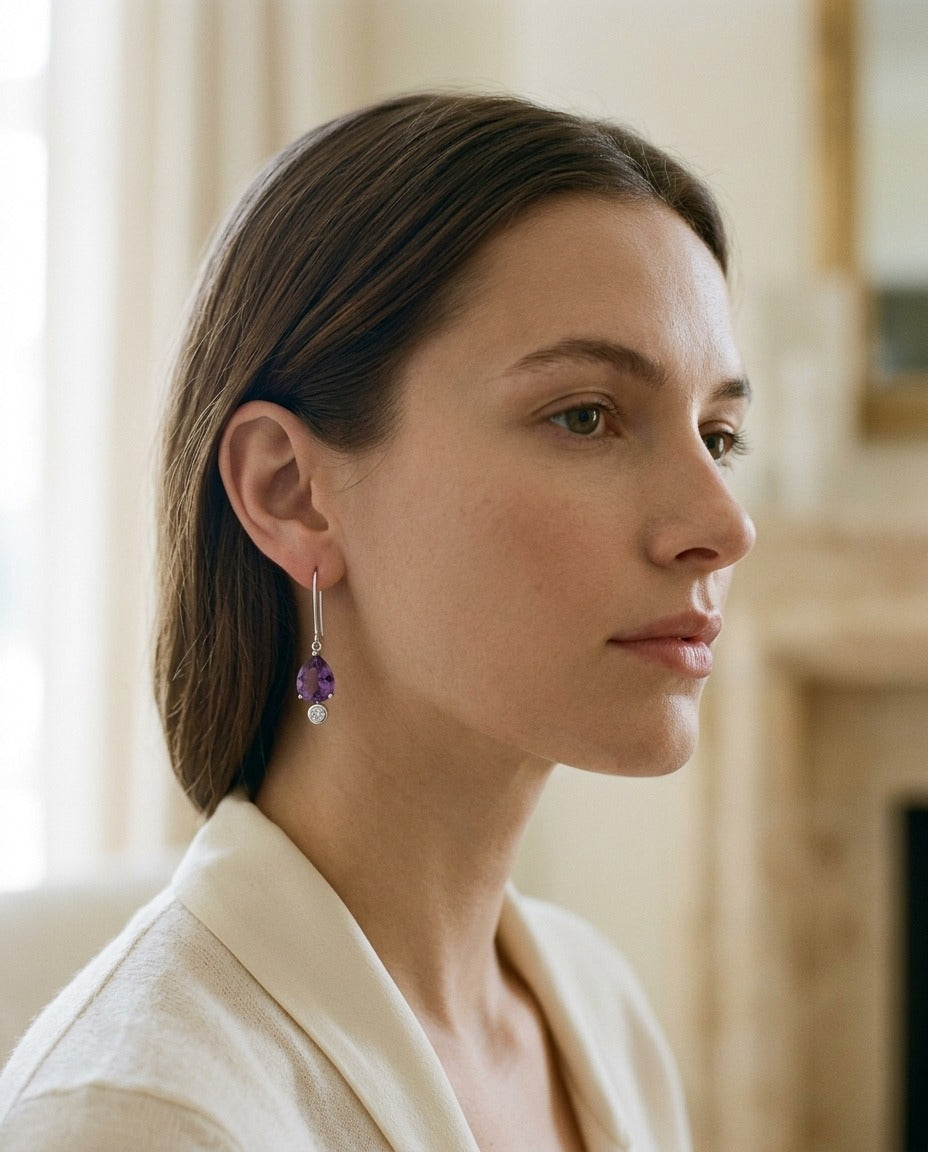 Amethyst and Bezel Diamond Teardrop Leverback Earrings in 14k White Gold 1/8ctw — portrait close