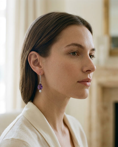 Amethyst and Bezel Diamond Teardrop Leverback Earrings in 14k White Gold 1/8ctw — portrait close