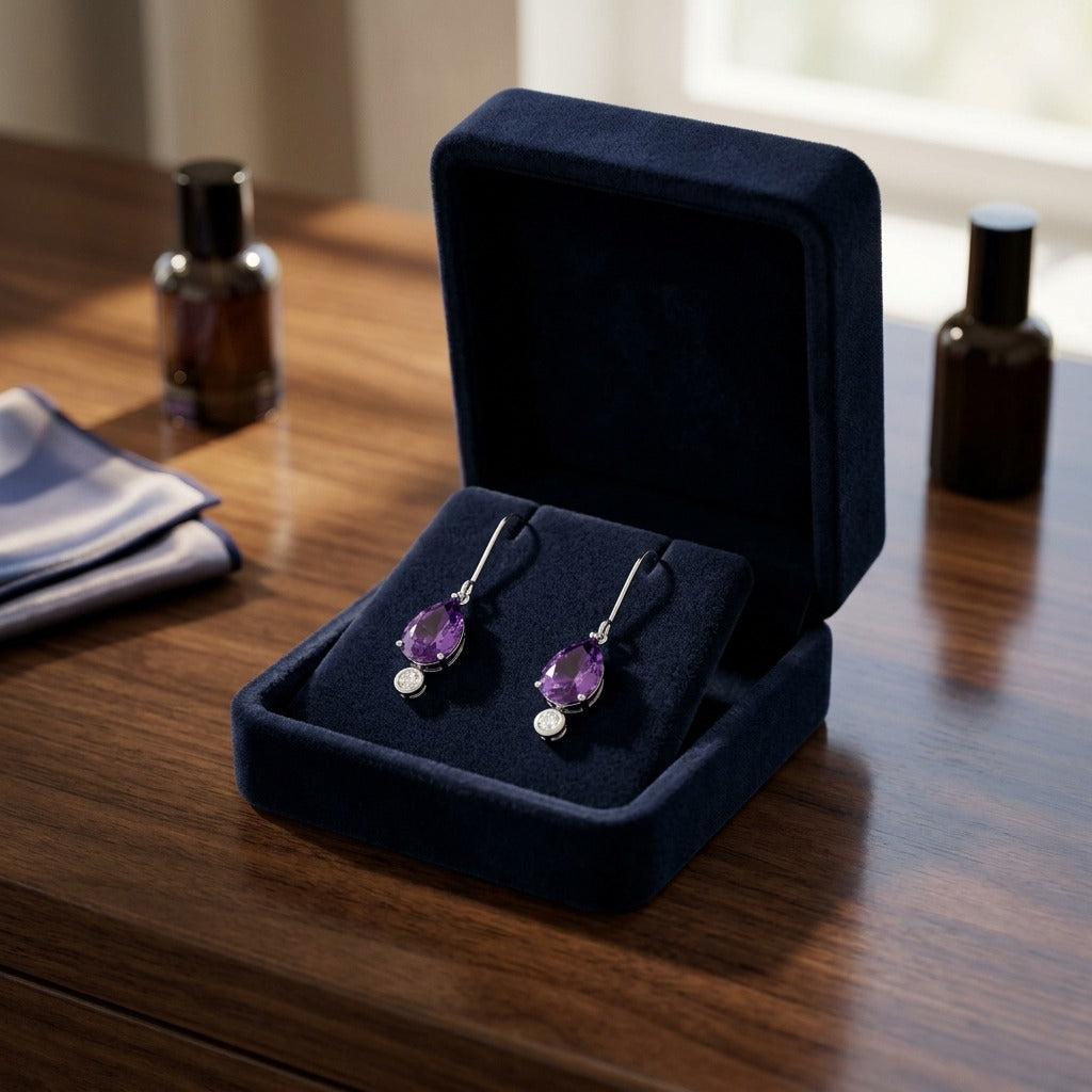 Amethyst and Bezel Diamond Teardrop Leverback Earrings in 14k White Gold 1/8ctw — velvet box