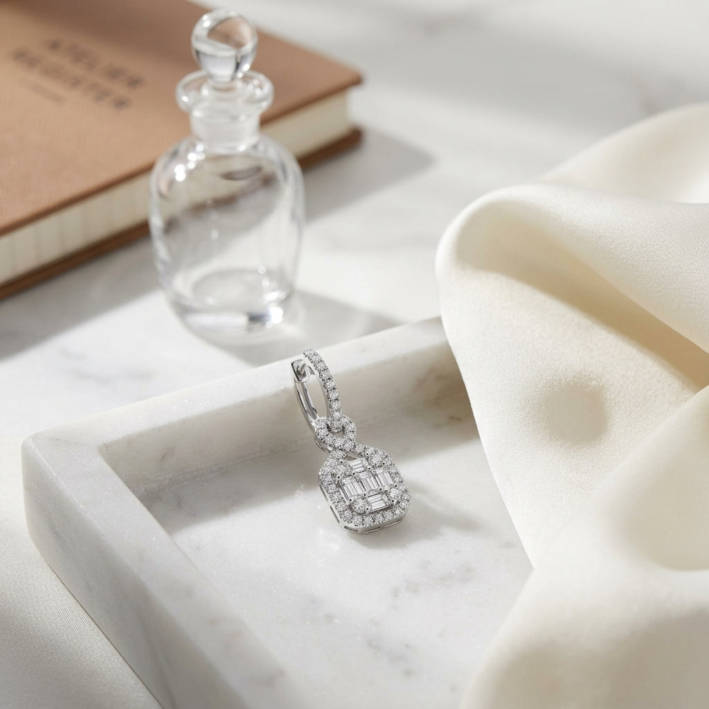 Baguette 3/4ctw Round 4/5ctw Diamond Earring in 14K White Gold - lifestyle