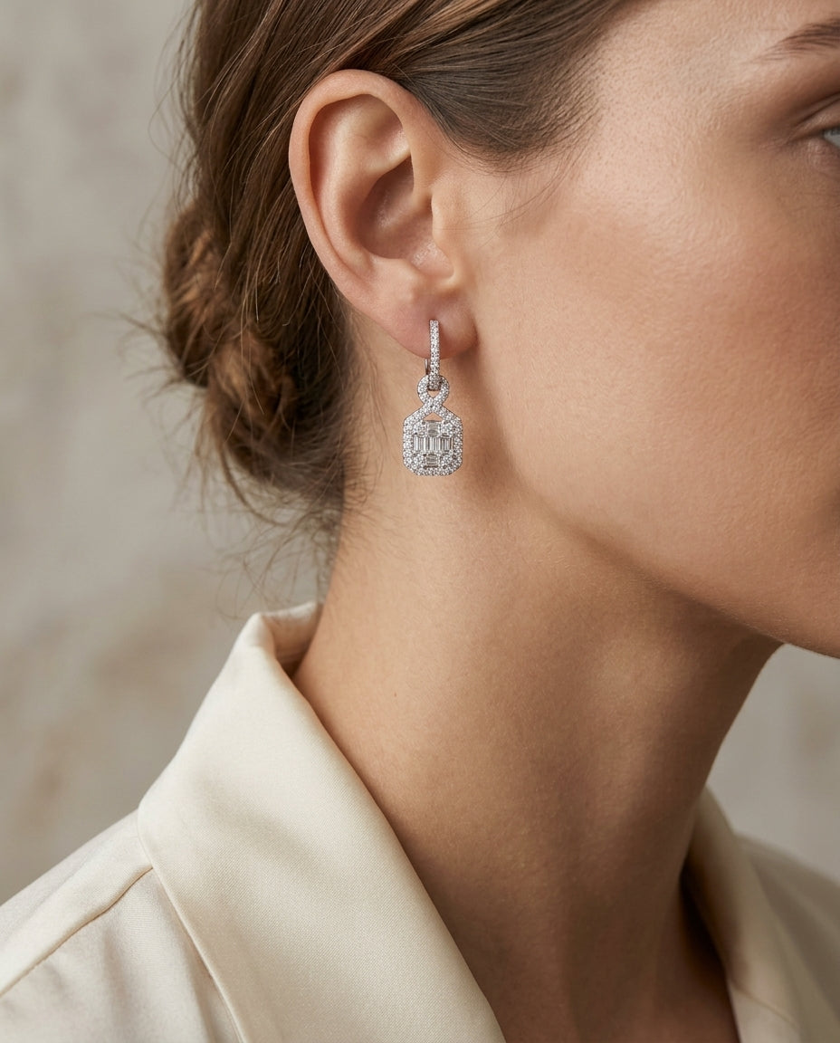 Baguette 3/4ctw Round 4/5ctw Diamond Earring in 14K White Gold - editorial hero