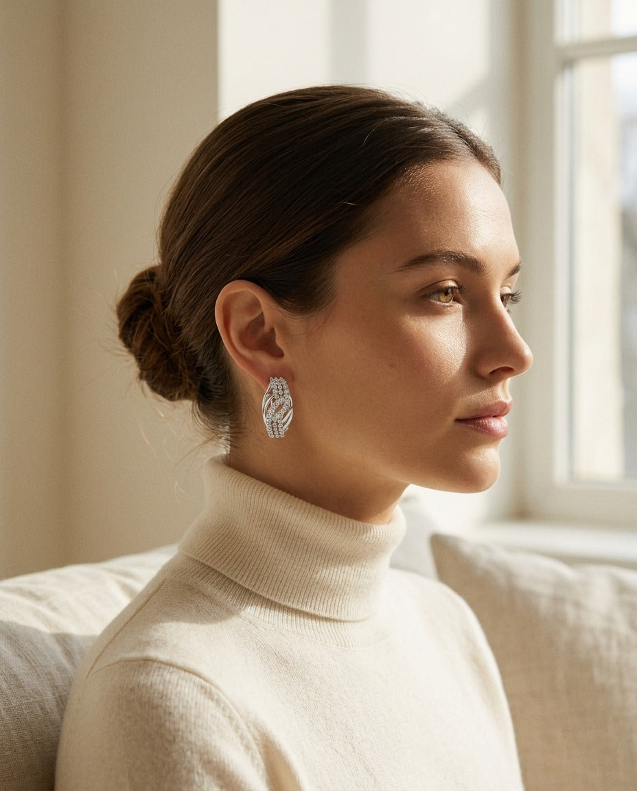 Diamond Weave Omega Back Earrings in 14k White Gold 7/8ctw — portrait close