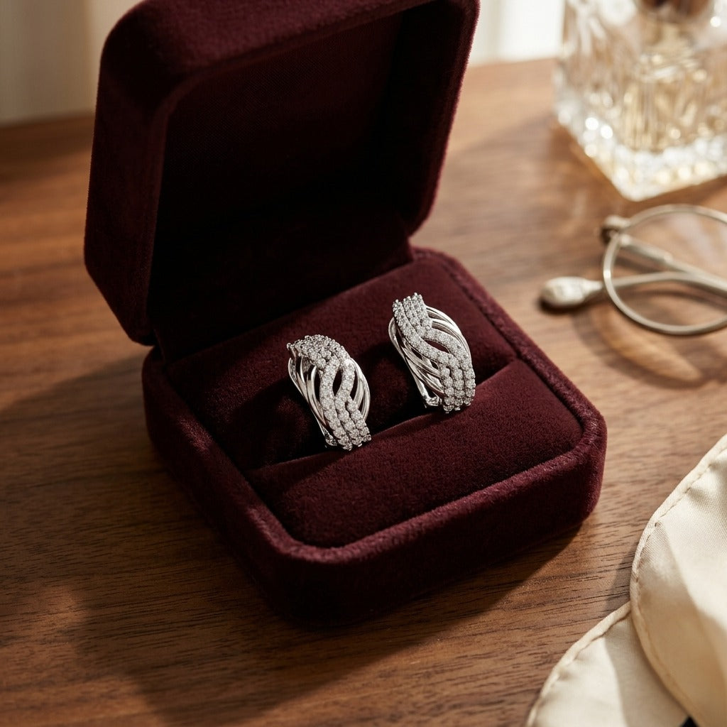 Diamond Weave Omega Back Earrings in 14k White Gold 7/8ctw — velvet box