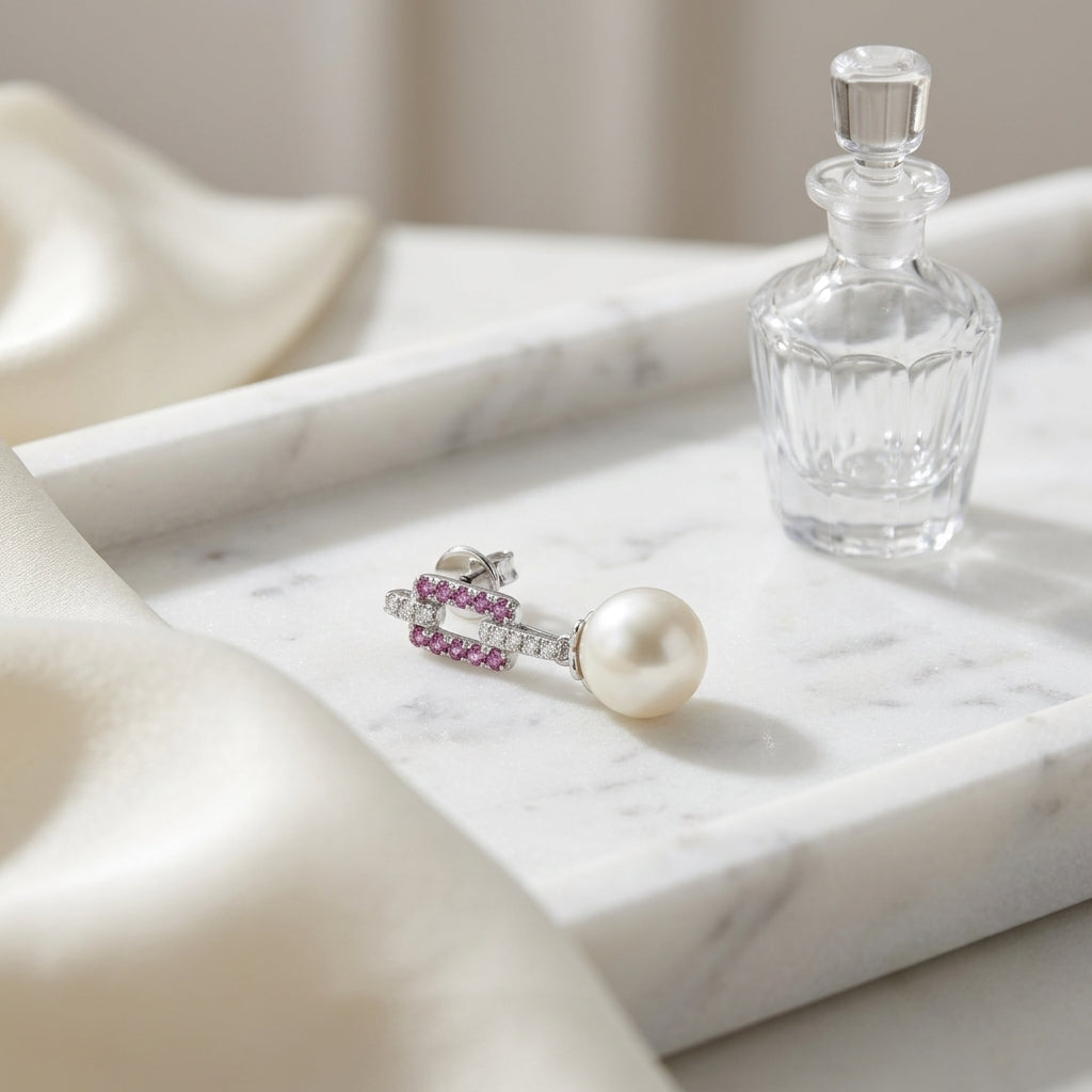 Freshwater Pearl and Pink Sapphire Earrings in 14k White Gold 0.09ctw — atelier still life
