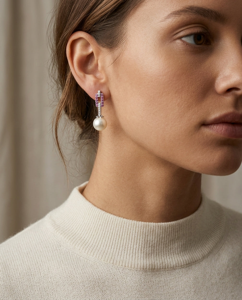 Freshwater Pearl and Pink Sapphire Earrings in 14k White Gold 0.09ctw — editorial close-up