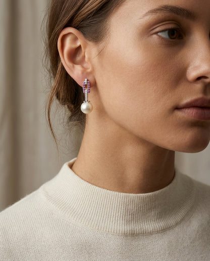 Freshwater Pearl and Pink Sapphire Earrings in 14k White Gold 0.09ctw — editorial close-up