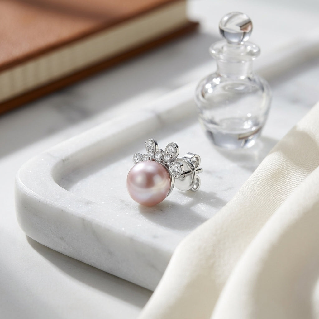 Freshwater Pink Pearl & Diamond Flair Earrings 1/4ctw in 14K White Gold - lifestyle