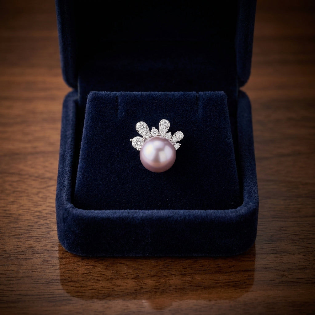 Freshwater Pink Pearl & Diamond Flair Earrings 1/4ctw in 14K White Gold - presentation