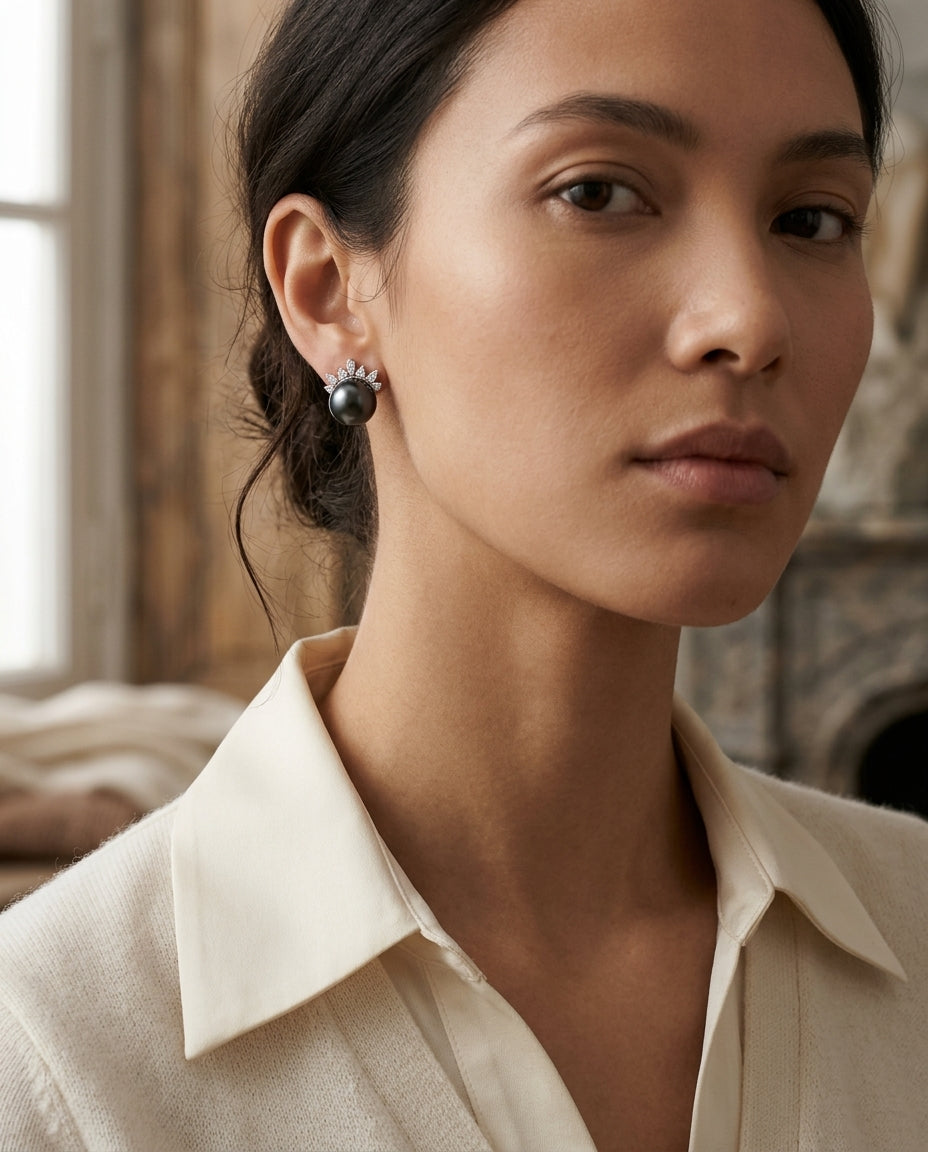 Tahitian Pearl & Diamond Flair Earrings 1/6ctw in 14K White Gold - editorial hero