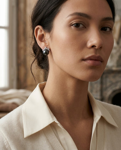 Tahitian Pearl & Diamond Flair Earrings 1/6ctw in 14K White Gold - editorial hero