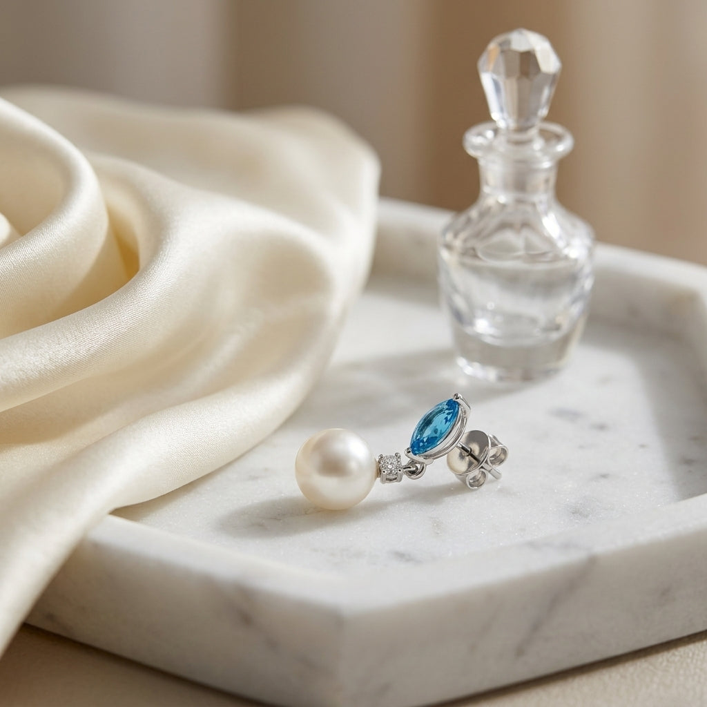 Freshwater Pearl Marquise Blue Topaz & Diamond Earring in 14K White Gold - lifestyle
