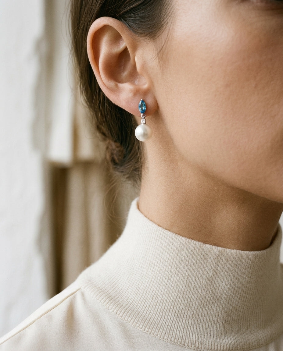 Freshwater Pearl Marquise Blue Topaz & Diamond Earring in 14K White Gold - editorial hero