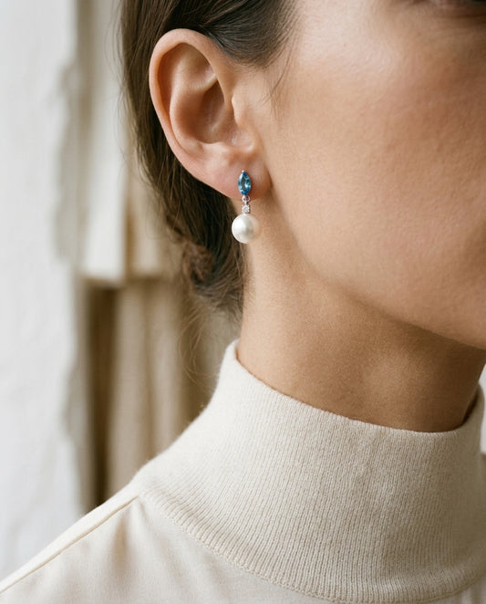 Freshwater Pearl Marquise Blue Topaz & Diamond Earring in 14K White Gold - editorial hero