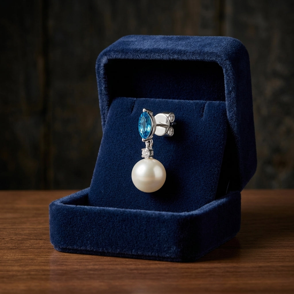 Freshwater Pearl Marquise Blue Topaz & Diamond Earring in 14K White Gold - presentation