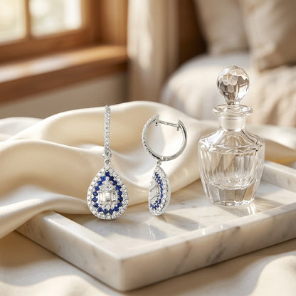 Sapphire and Diamond Pear Shape Dangle Earrings in 14k White Gold — marble silk