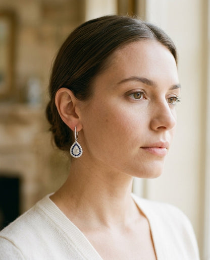 Sapphire and Diamond Pear Shape Dangle Earrings in 14k White Gold — portrait close