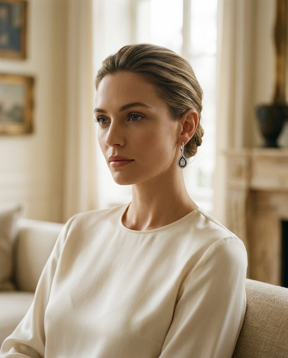 Sapphire and Diamond Pear Shape Dangle Earrings in 14k White Gold — portrait full