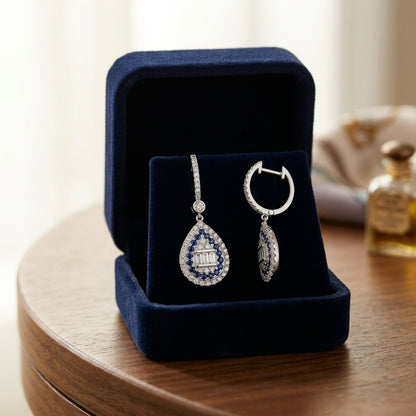 Sapphire and Diamond Pear Shape Dangle Earrings in 14k White Gold — velvet box