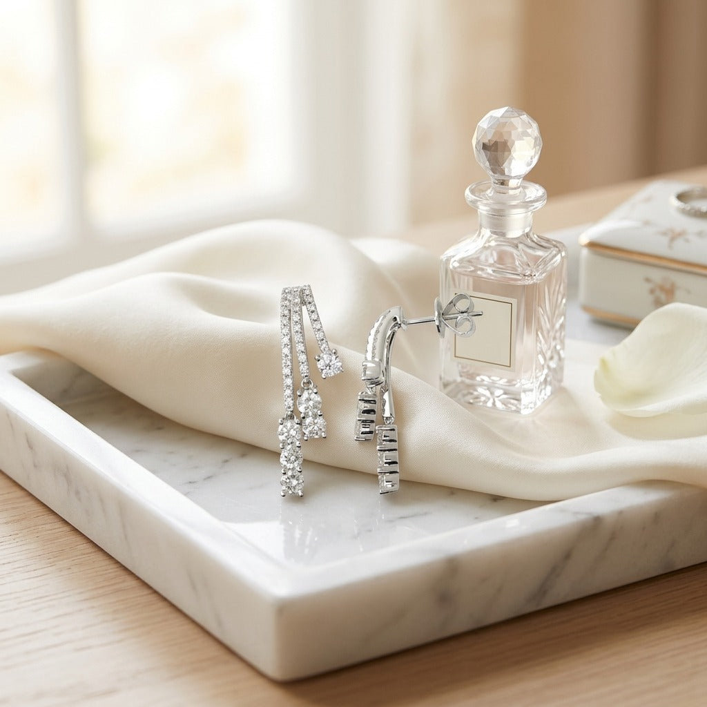 Diamond Three Strand Flair Earrings in 14k White Gold (1-1/5ctw) — marble silk