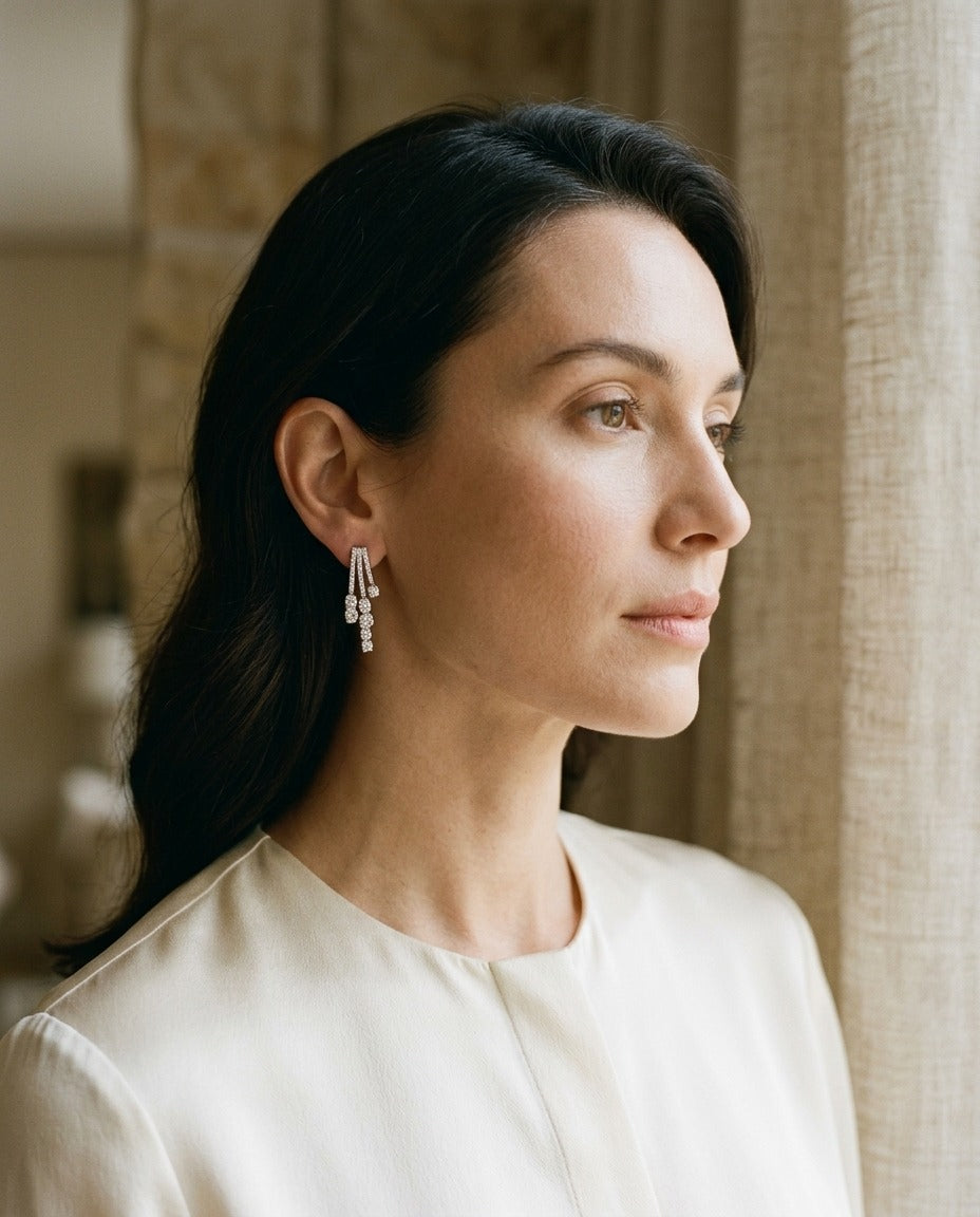 Diamond Three Strand Flair Earrings in 14k White Gold (1-1/5ctw) — portrait close