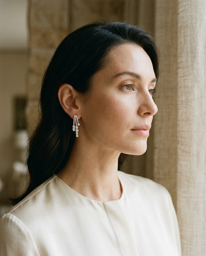 Diamond Three Strand Flair Earrings in 14k White Gold (1-1/5ctw) — portrait close