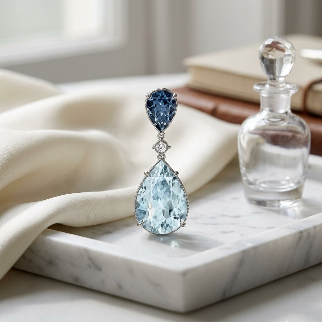 Swiss Blue Topaz, London Blue Topaz Pear Shape & Diamond Drop Earrings 0.02ctw in 14K White Gold - editorial hero