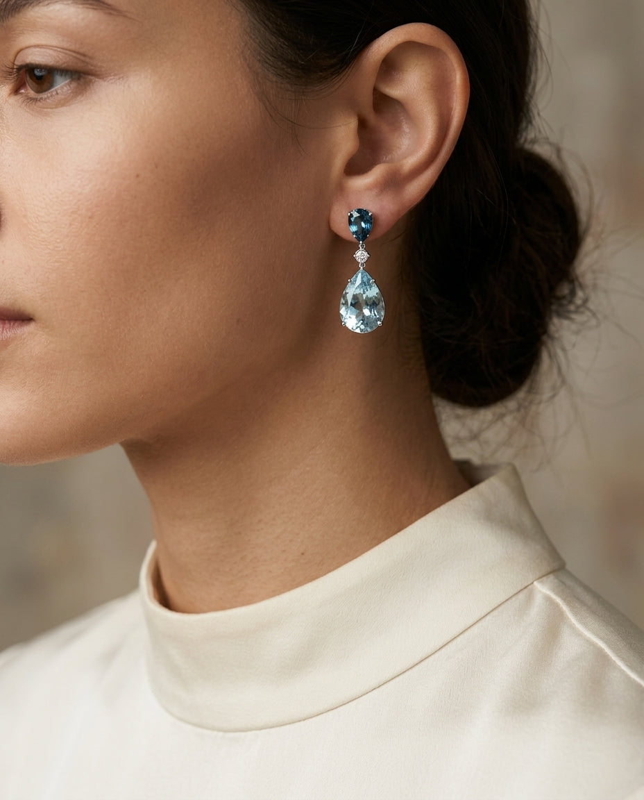 Swiss Blue Topaz, London Blue Topaz Pear Shape & Diamond Drop Earrings 0.02ctw in 14K White Gold - lifestyle
