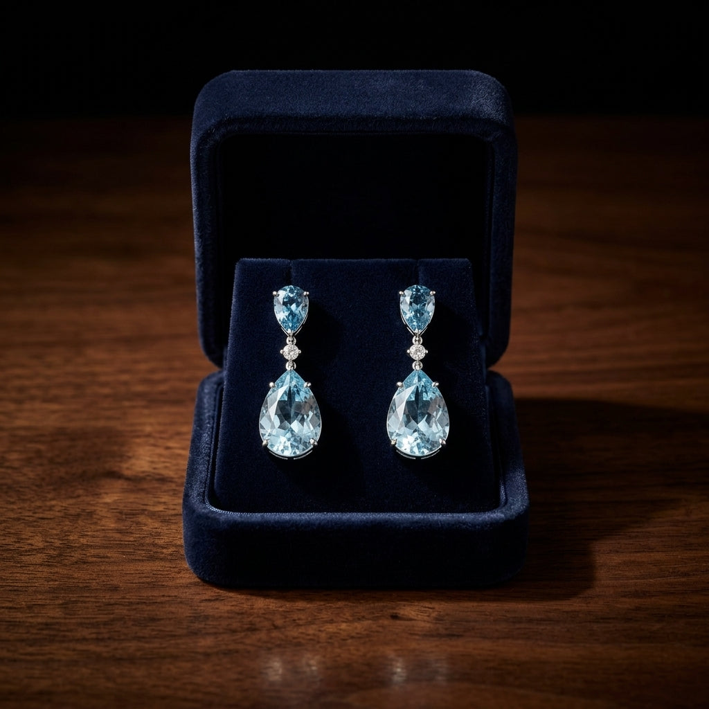 Swiss Blue Topaz, London Blue Topaz Pear Shape & Diamond Drop Earrings 0.02ctw in 14K White Gold - presentation