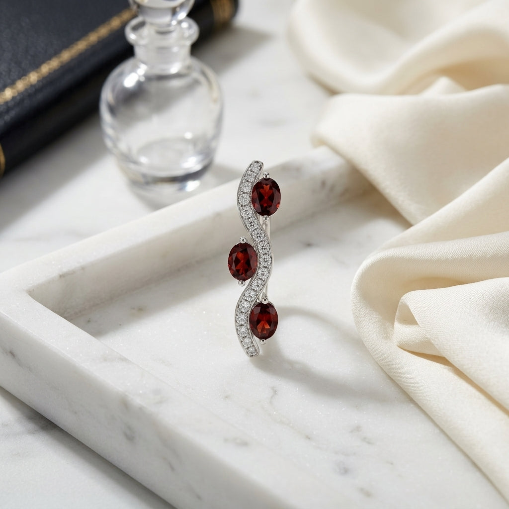 Garnet & Diamond Wave Hinged Hoop Earrings 1/4ctw in 14K White Gold - editorial hero