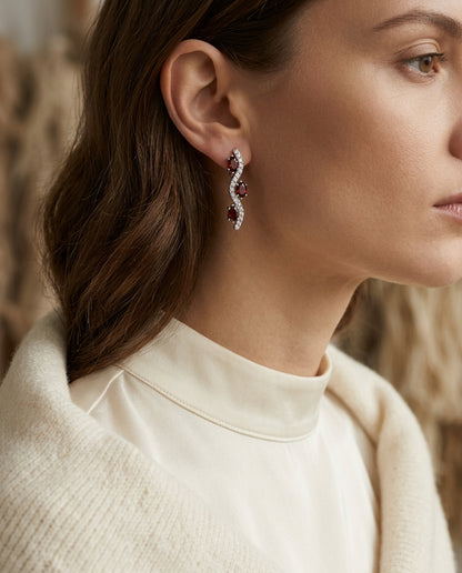 Garnet & Diamond Wave Hinged Hoop Earrings 1/4ctw in 14K White Gold - lifestyle