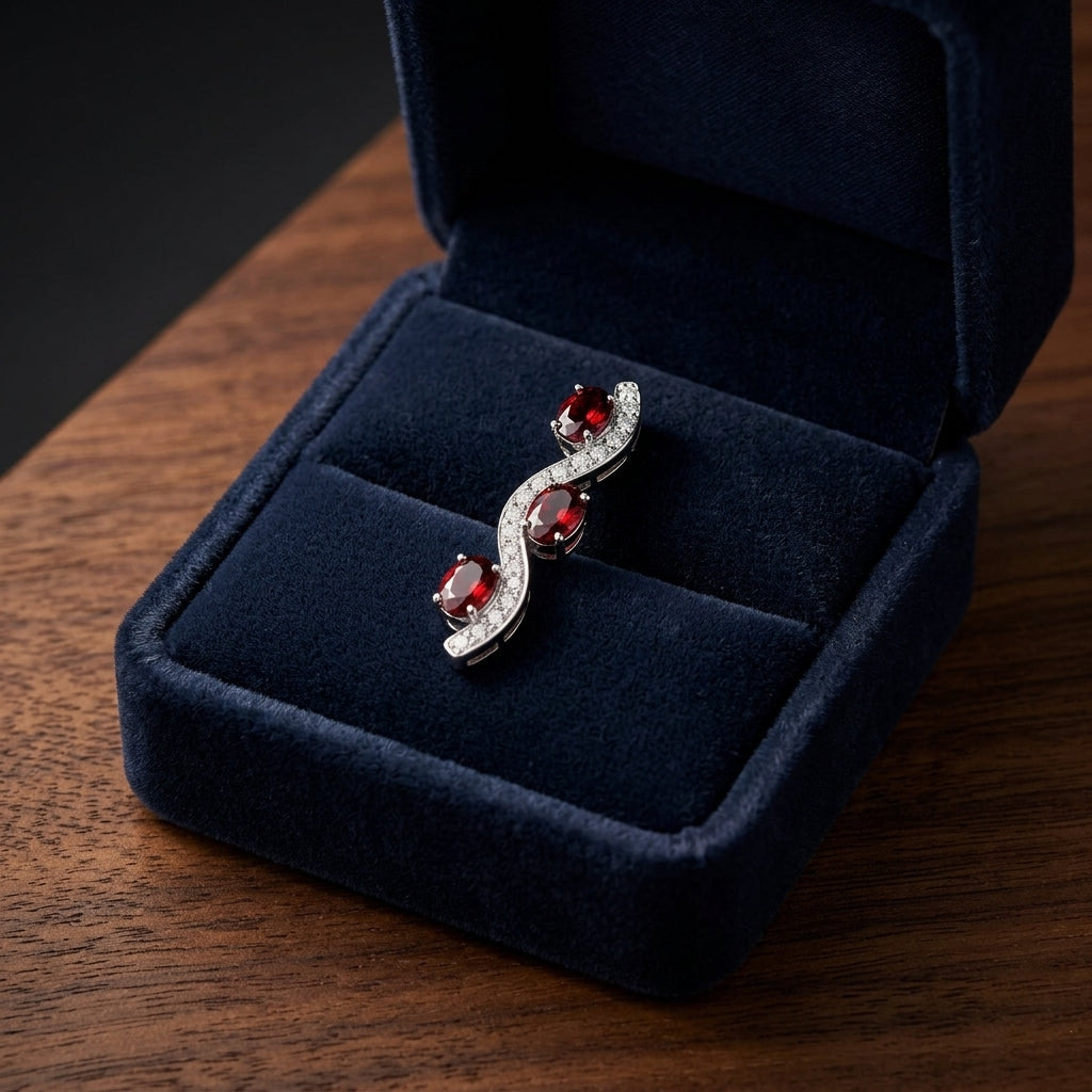 Garnet & Diamond Wave Hinged Hoop Earrings 1/4ctw in 14K White Gold - presentation