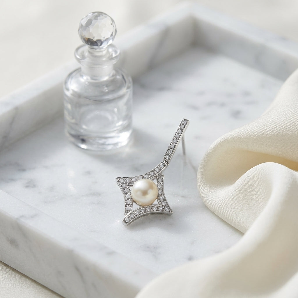 Akoya Pearl & Diamond Kite Earrings 1/3ctw in 14K White Gold - editorial hero