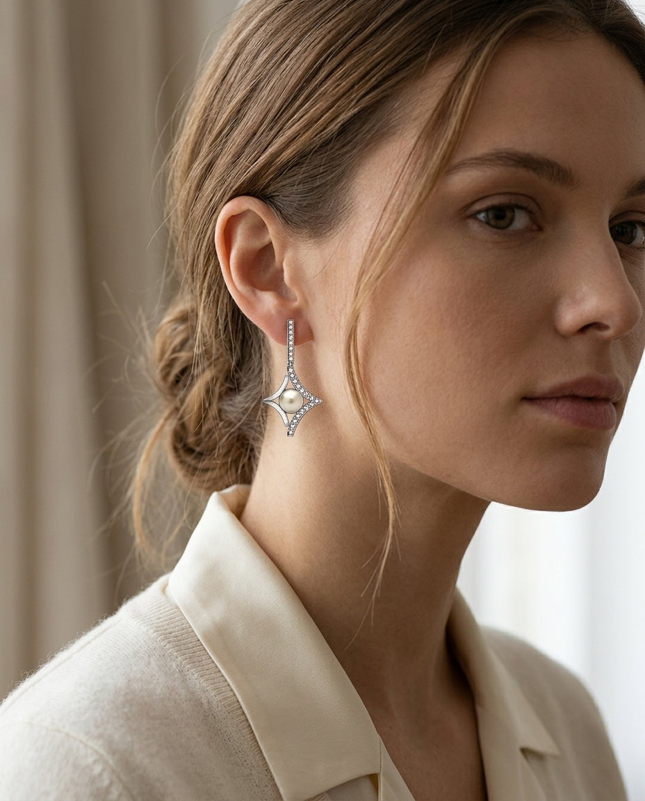 Akoya Pearl & Diamond Kite Earrings 1/3ctw in 14K White Gold - lifestyle