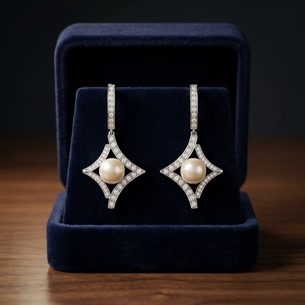 Akoya Pearl & Diamond Kite Earrings 1/3ctw in 14K White Gold - presentation