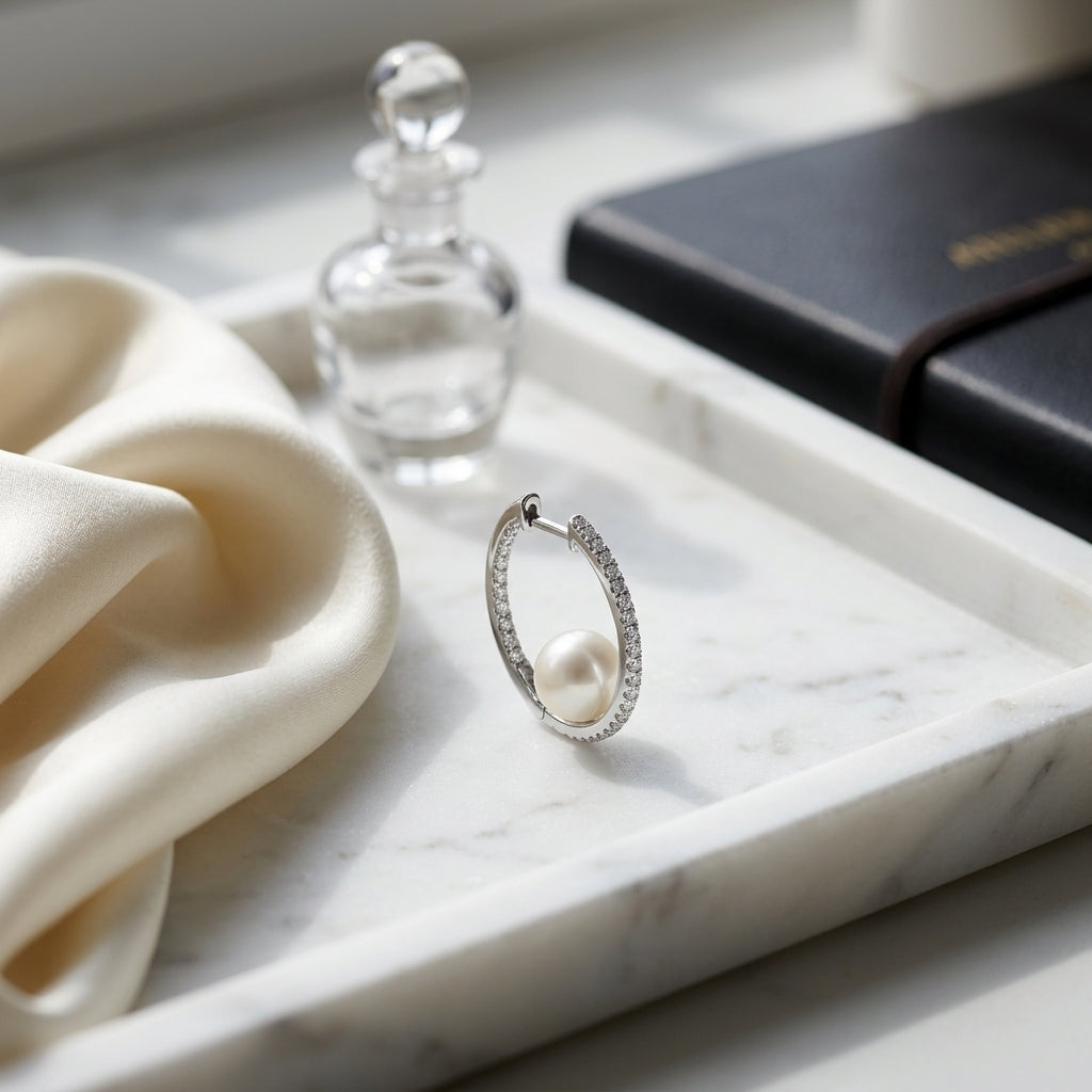 Cultured Pearl & Diamond Inside Out Hoop Earrings 1/3ctw in 14K White Gold - lifestyle