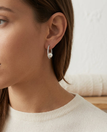 Cultured Pearl & Diamond Inside Out Hoop Earrings 1/3ctw in 14K White Gold - editorial hero