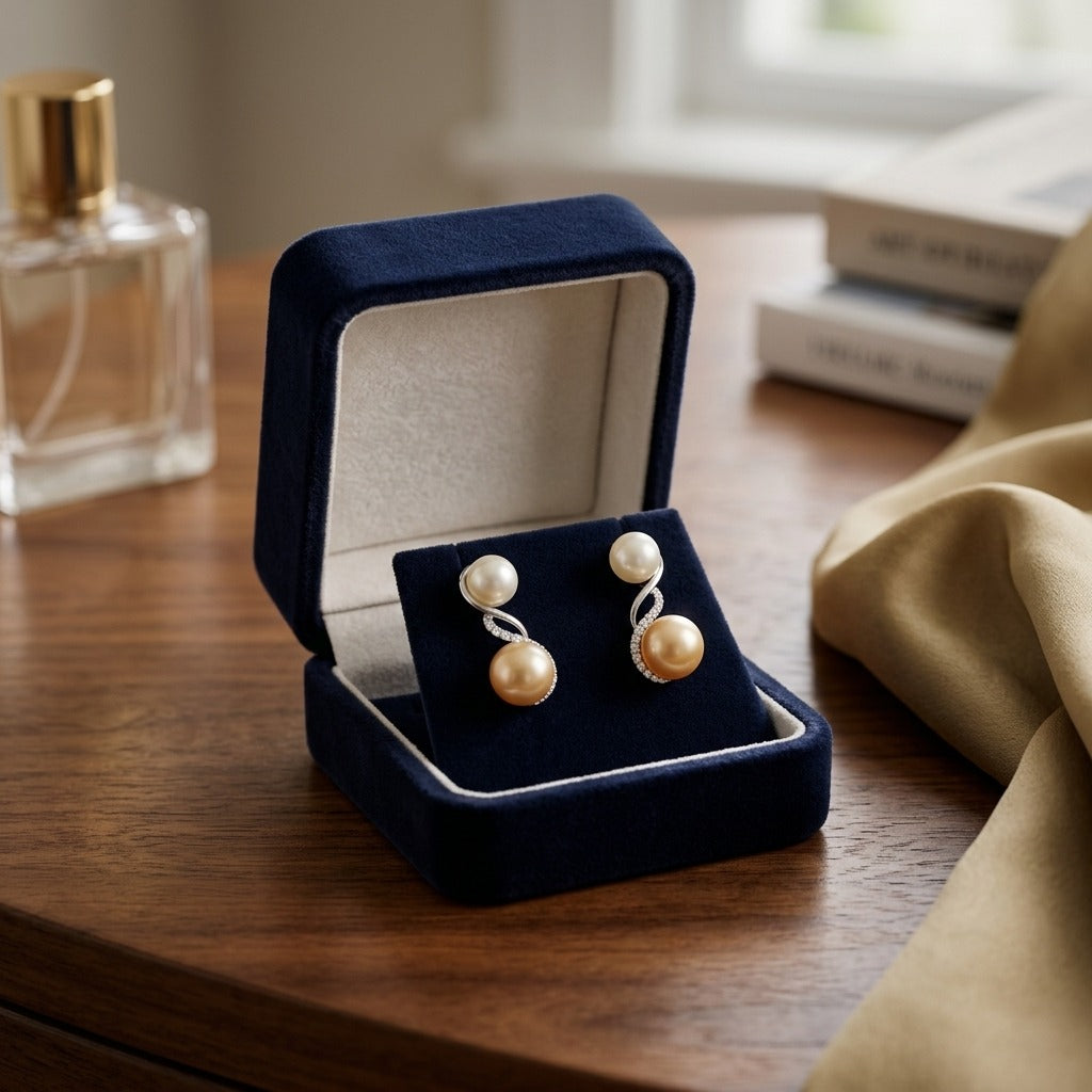 Freshwater White and Pink Pearl Swirl Diamond Earrings in 14k White Gold 1/5ctw — velvet box
